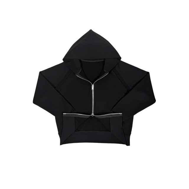 Front view of the LOVANT black raglan UNIFORM zip-up hoodie, laid flat, unzipped at the hem to show the two-way silver zipper.