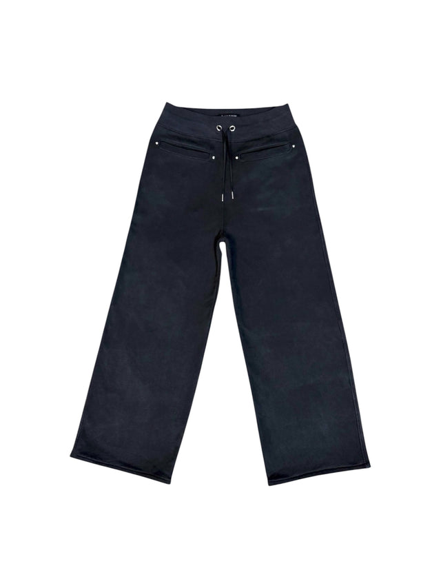 Front view of the LOVANT black sweats, laid flat, showing the wide straight leg, drawcord waist and riveted front welt pockets.