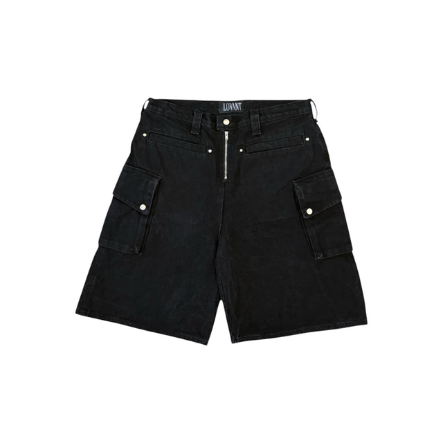 Front view of the LOVANT black utility shorts, laid flat, showing the exposed silver zip fly, riveted welt pockets and snap-flap cargo pockets.