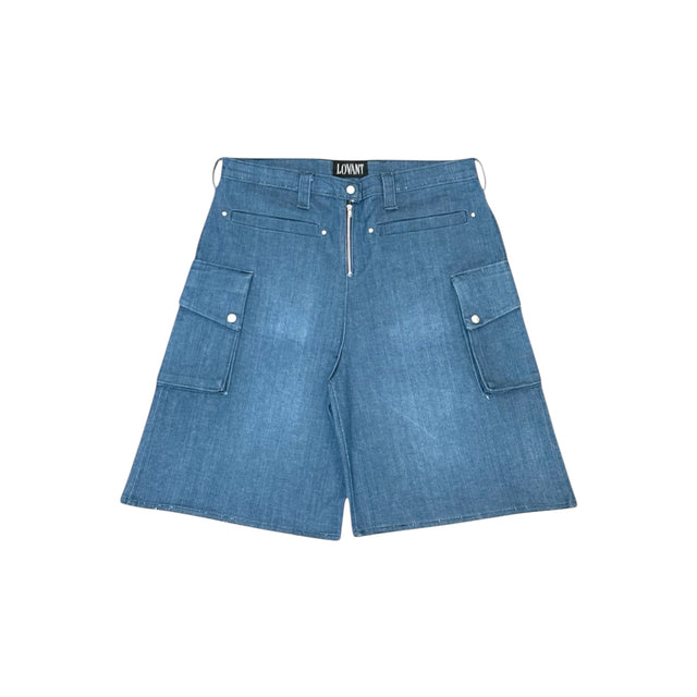 Front view of the LOVANT blue utility shorts, laid flat, showing the exposed silver zip fly, riveted welt pockets and snap-flap cargo pockets.