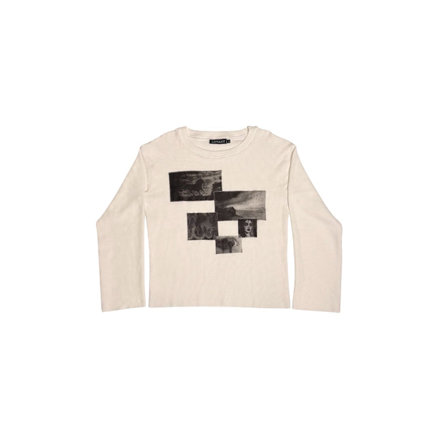 Front view of the LOVANT Phantom long sleeve thermal in cream, laid flat, showing a collage of black-and-white photo patches across the chest, including a running horse, a lone house and a portrait.